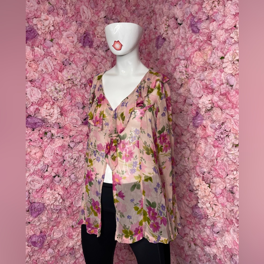 Vintage Y2K Express Ruffle Blouse Floral Pink Green Small